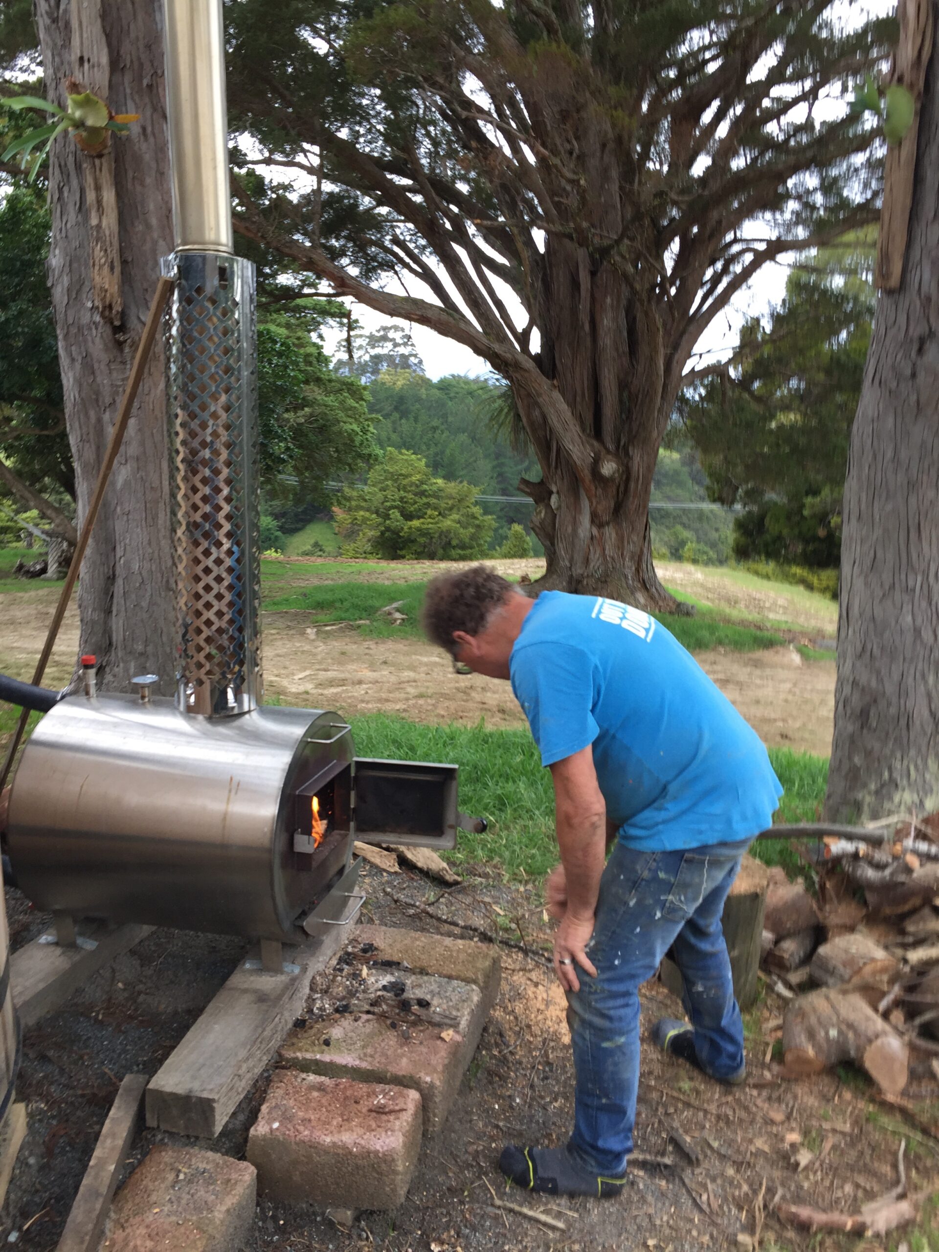 Wood fired hot tub heating up